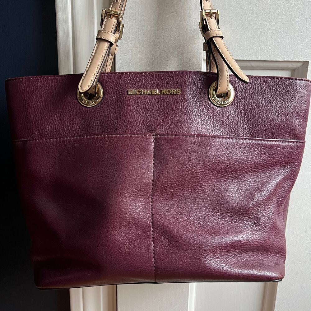 Michael Kors Bedford Pebbled Tote Burgundy Wine Red Leather Shoulder Bag Purse - Picture 3 of 8